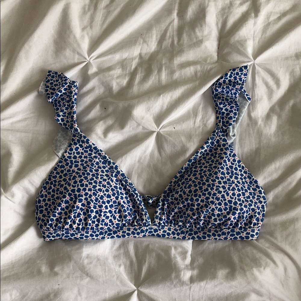J. Crew Blue Floral Ruffle Strap Bikini Top